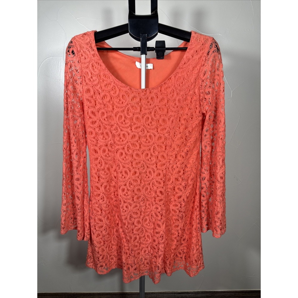 Umgee Coral Paisley Lace Lined Babydoll‎ Dress Bell Lace Sleeves Medium